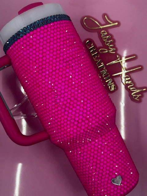Elegant Hand Rhinestoned Pink 40 oz tumbler - includes lid and straw