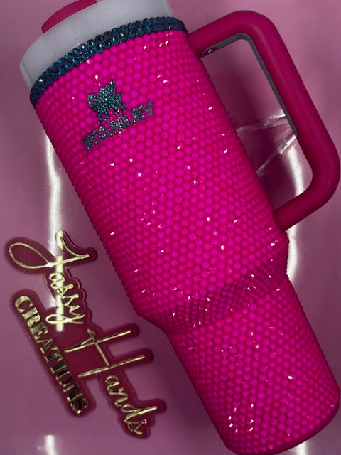 Elegant Hand Rhinestoned Pink 40 oz tumbler - includes lid and straw