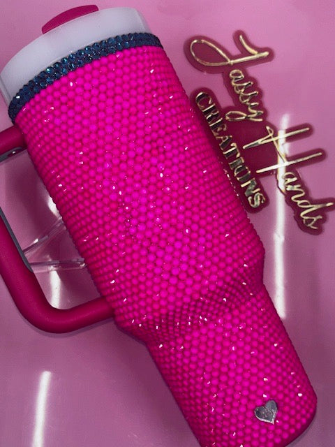 Elegant Hand Rhinestoned Pink 40 oz tumbler - includes lid and straw
