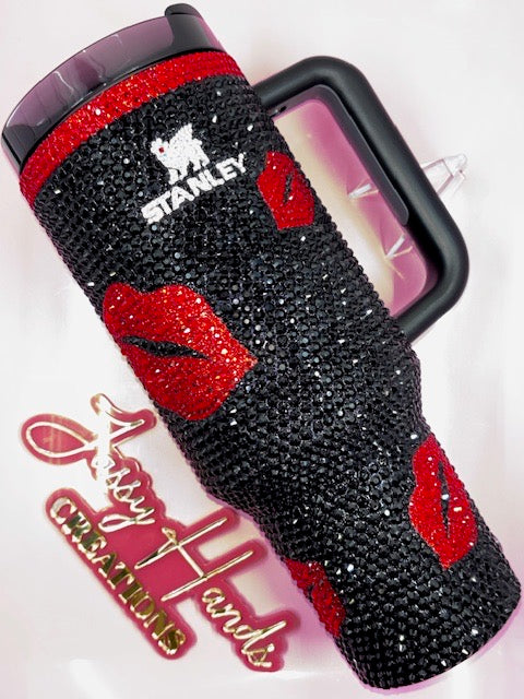 Hand Rhinestoned Tumbler- Valentines Day 40 oz-Black, Red, & Pink Hearts & Lips design
