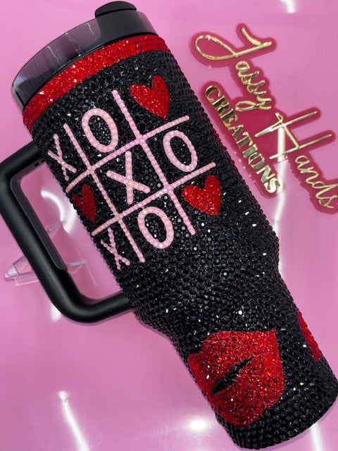 Hand Rhinestoned Tumbler- Valentines Day 40 oz-Black, Red, & Pink Hearts & Lips design