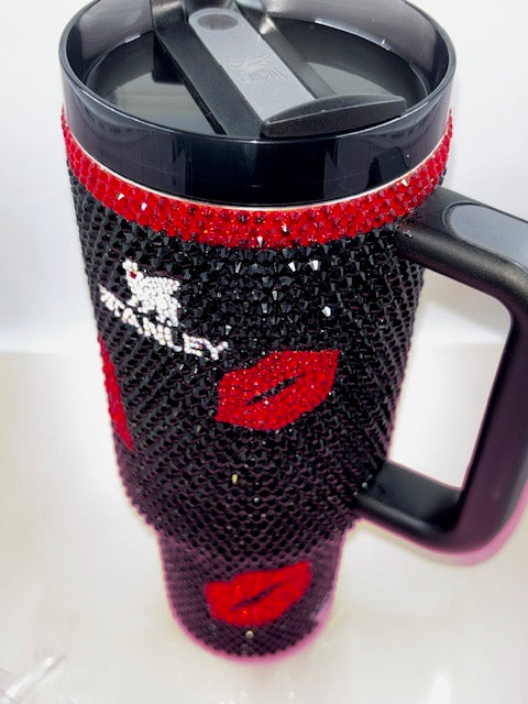 Hand Rhinestoned Tumbler- Valentines Day 40 oz-Black, Red, & Pink Hearts & Lips design