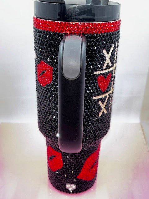 Hand Rhinestoned Tumbler- Valentines Day 40 oz-Black, Red, & Pink Hearts & Lips design