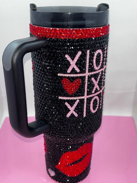 Hand Rhinestoned Tumbler- Valentines Day 40 oz-Black, Red, & Pink Hearts & Lips design