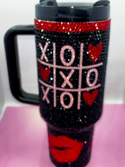 Hand Rhinestoned Tumbler- Valentines Day 40 oz-Black, Red, & Pink Hearts & Lips design