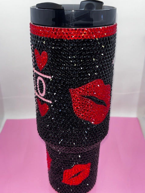 Hand Rhinestoned Tumbler- Valentines Day 40 oz-Black, Red, & Pink Hearts & Lips design