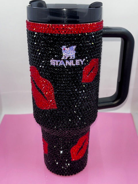 Hand Rhinestoned Tumbler- Valentines Day 40 oz-Black, Red, & Pink Hearts & Lips design