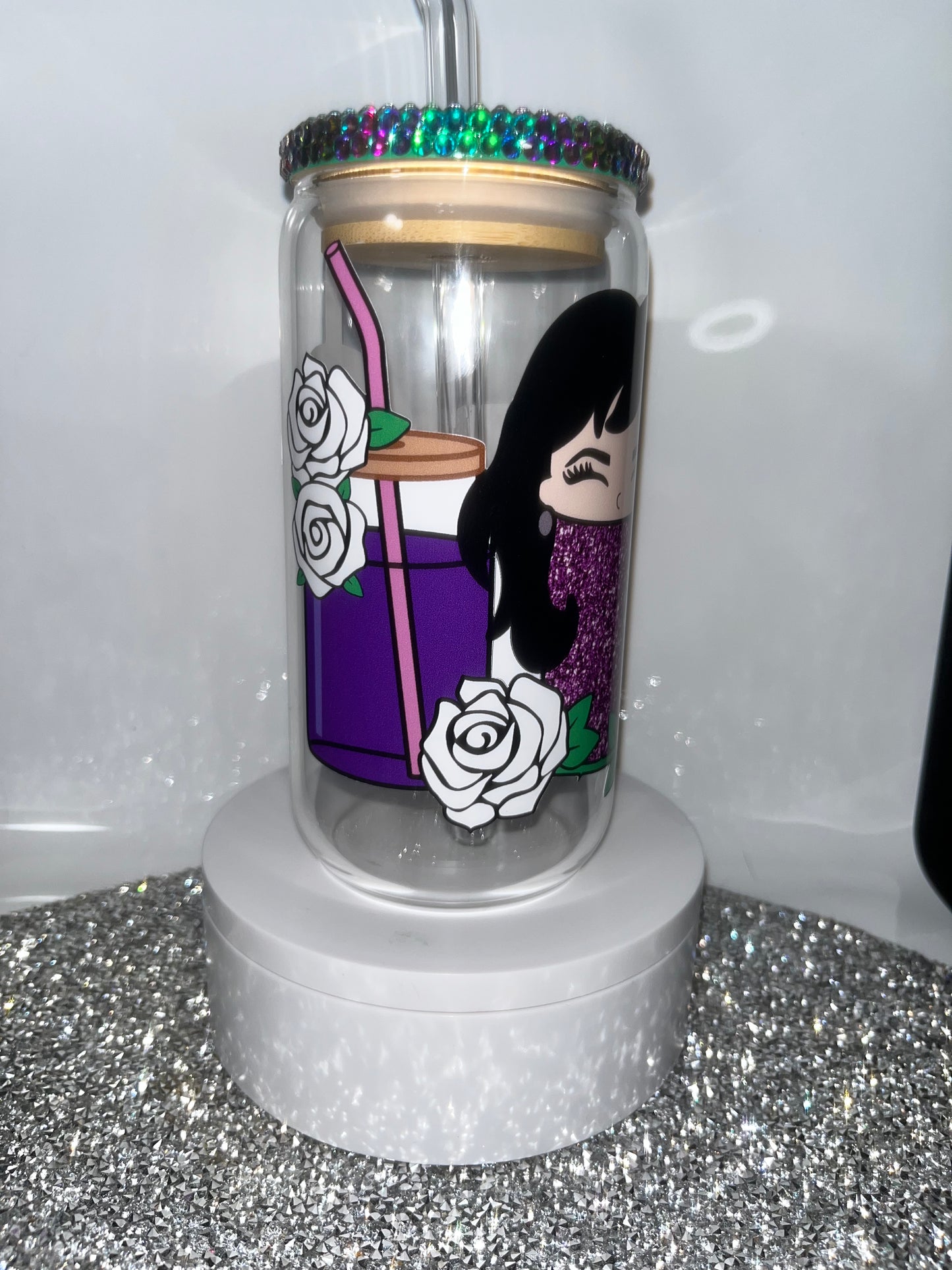 Selena -16oz can shaped glass- with bamboo lid decorated with chameleon glass rhinestones- Glass Straw included