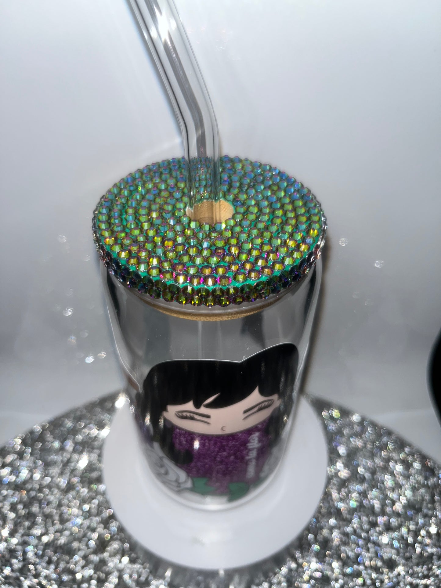 Selena -16oz can shaped glass- with bamboo lid decorated with chameleon glass rhinestones- Glass Straw included