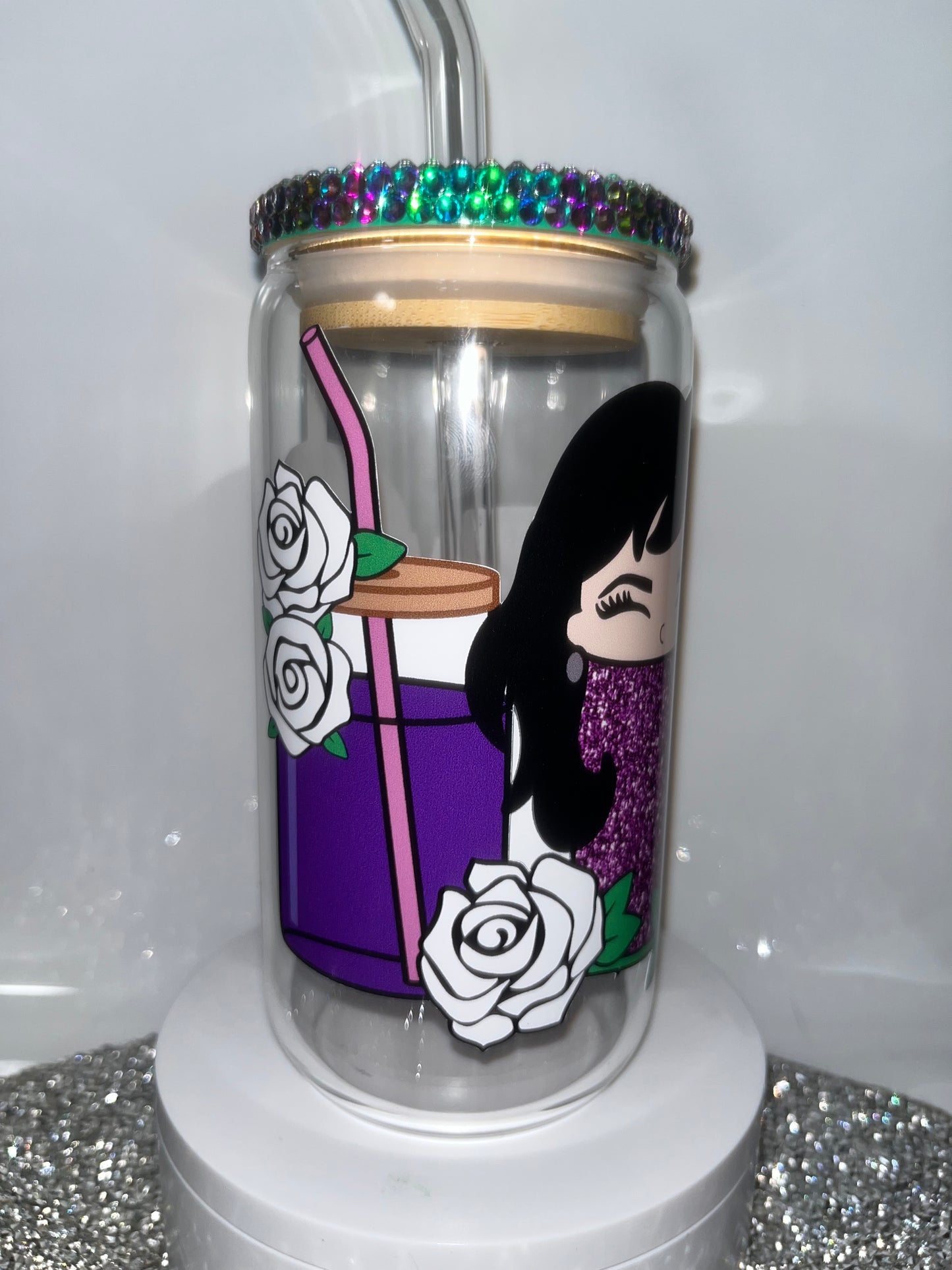 Selena -16oz can shaped glass- with bamboo lid decorated with chameleon glass rhinestones- Glass Straw included