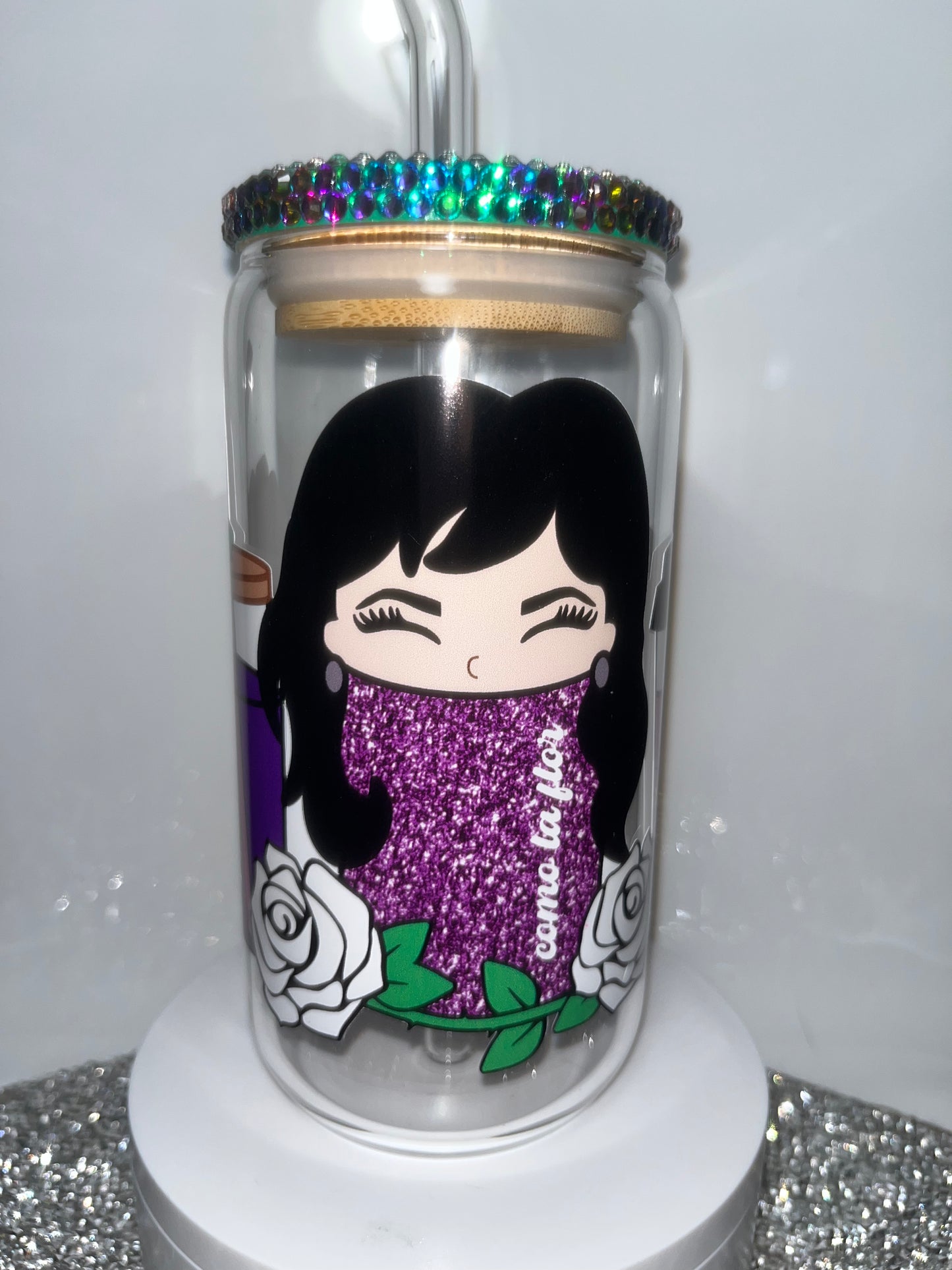 Selena -16oz can shaped glass- with bamboo lid decorated with chameleon glass rhinestones- Glass Straw included