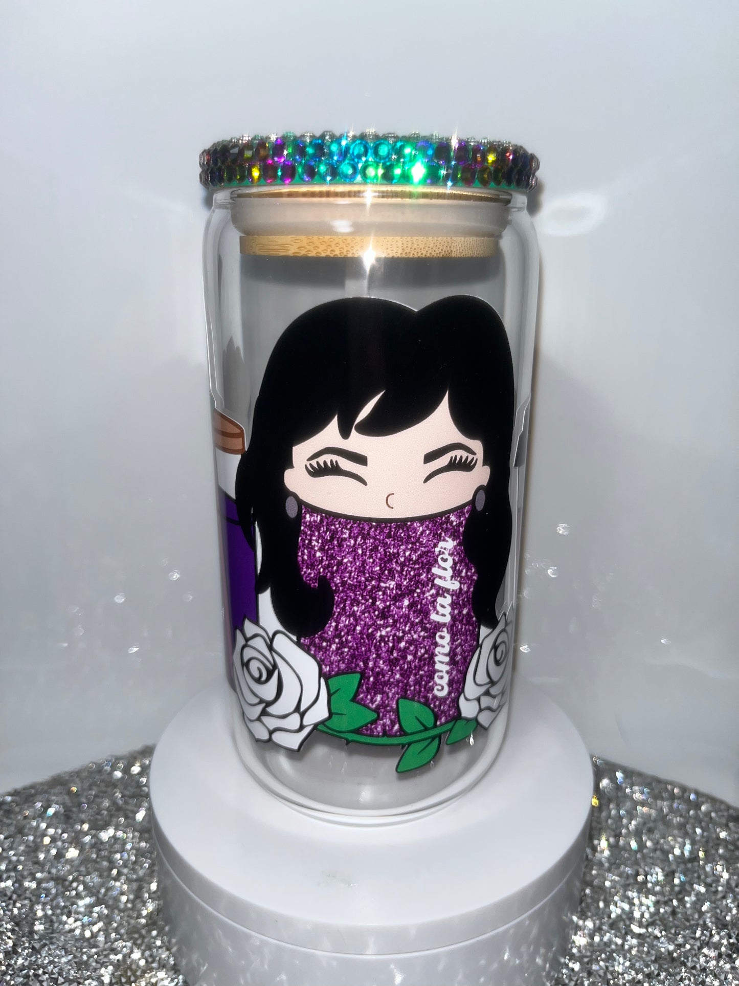 Selena -16oz can shaped glass- with bamboo lid decorated with chameleon glass rhinestones- Glass Straw included