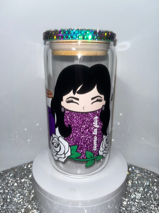 Selena -16oz can shaped glass- with bamboo lid decorated with chameleon glass rhinestones- Glass Straw included